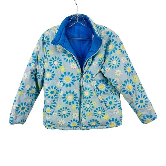 L.L. Bean Down Reversible Girls Blue Floral Puffer Coat Size Large - Picture 1 of 6